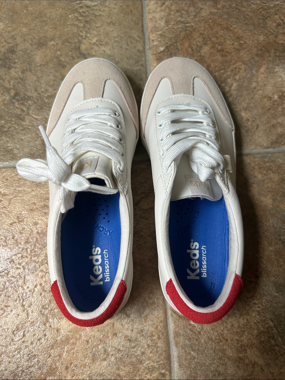 Keds White Sneakers with Red Heel and Blue Insole